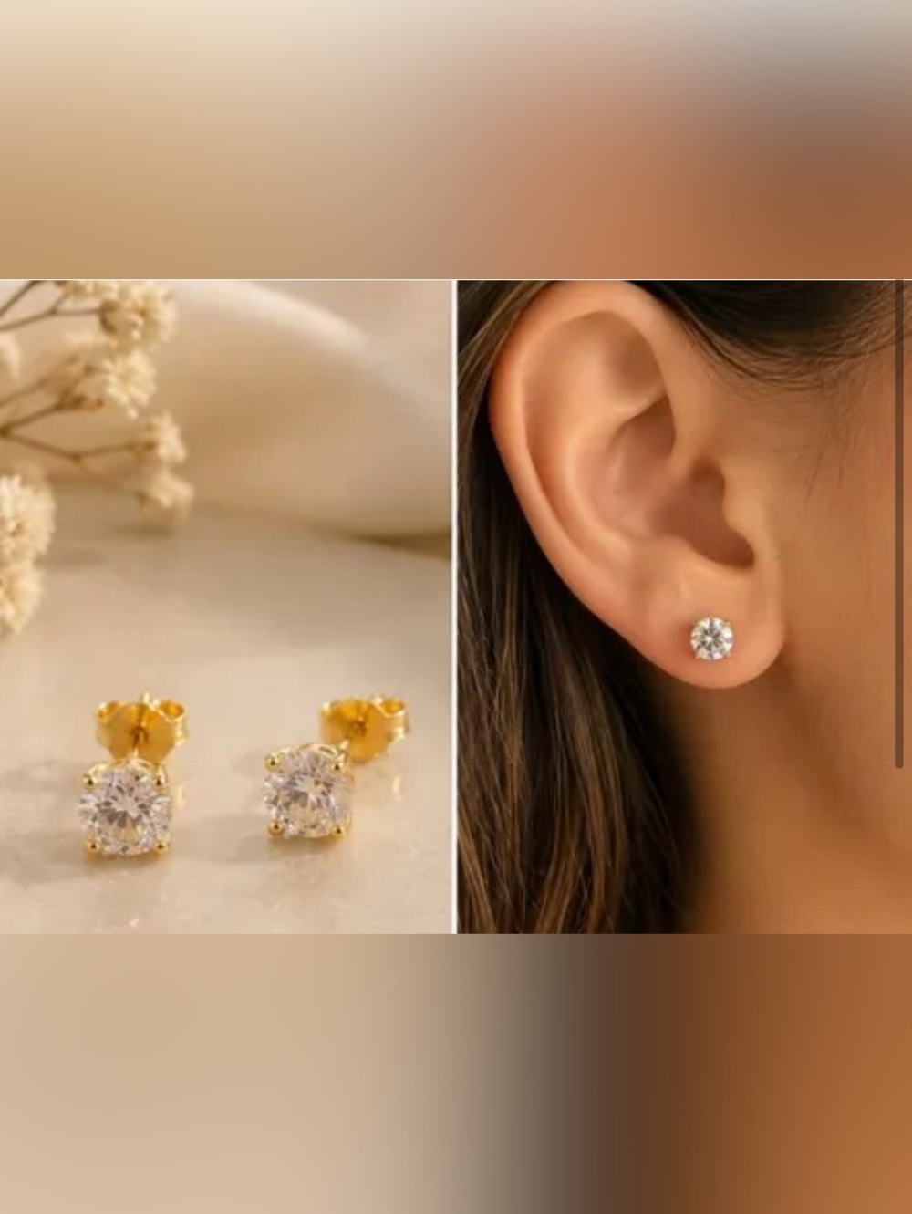 NIB 4MM Elegant Cubic Zirconia & Gold Plating Over 925 Sterling Silver Studs